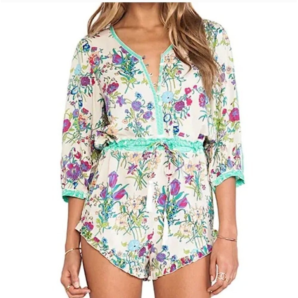 Spell Gypsy Queen Floral Printed 3/4 Sleeve Romper Playsuit Cream Turquoise XS